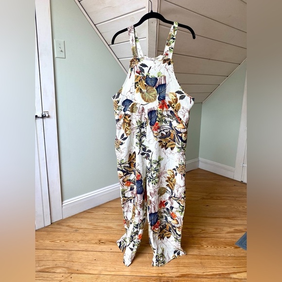 Cotton Blend Floral Plant Foliage Overalls Medium Button Straps Side Zipper - Picture 3 of 13